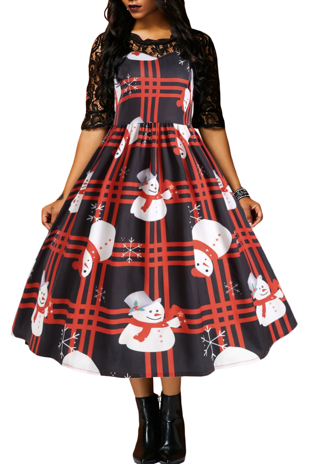 BY610920-3 VINTAGE SNOWMAN PLAID CHRISTMAS PRINT FLARED DRESS